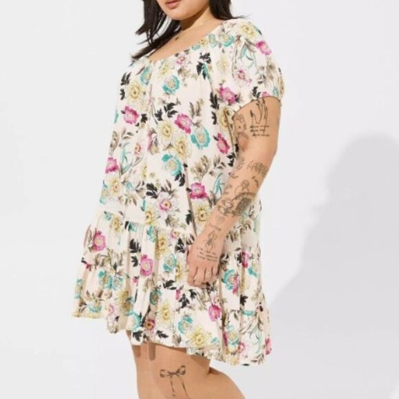 Torrid Mini Gauze Puff Sleeve Tiered Floral Dress 4 4X 26 - Picture 1 of 10